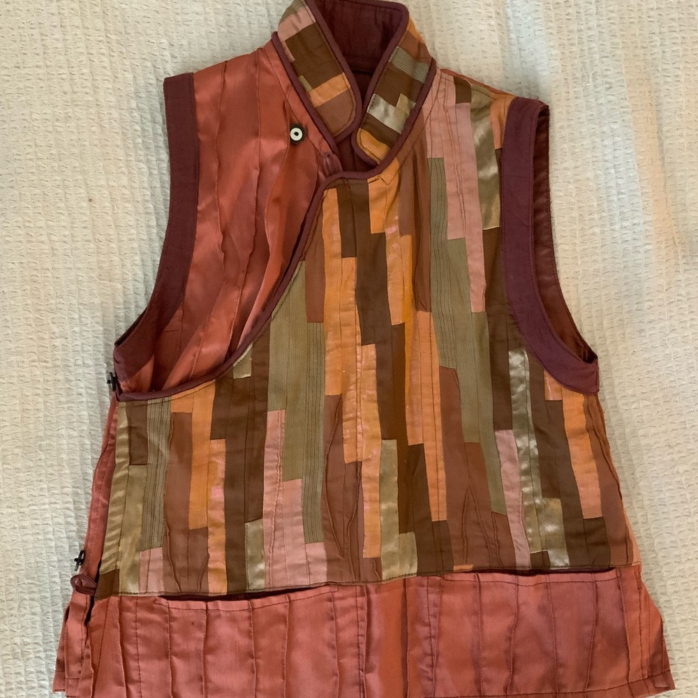 Vintage 70s Silk Patchwork Collared Vest Buttons Blouse Festival Top Size M/L